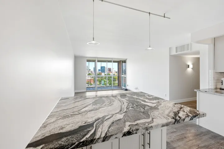 Spacious open-concept living area featuring an expansive kitchen island with a striking natural stone countertop, pendant lighting, and wood-finish flooring