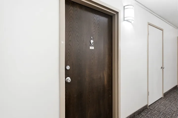 Dark wood-finish entry door with chrome hardware, featuring a modern wall-mounted sconce and light-colored trim