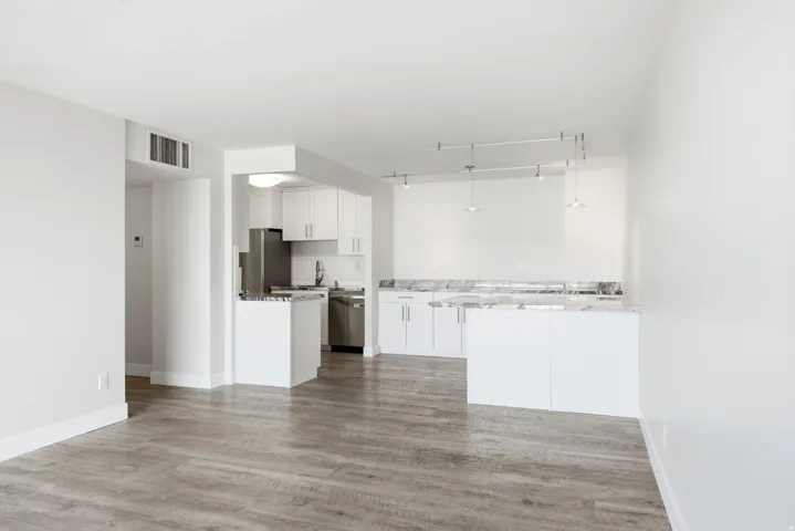 Open-concept living space featuring wood-finish flooring, white walls, and track lighting