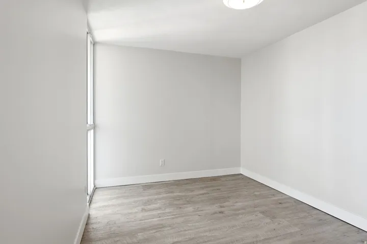Bright room with light gray walls, wood-finish flooring, a contemporary flush-mount ceiling light, and a tall vertical window