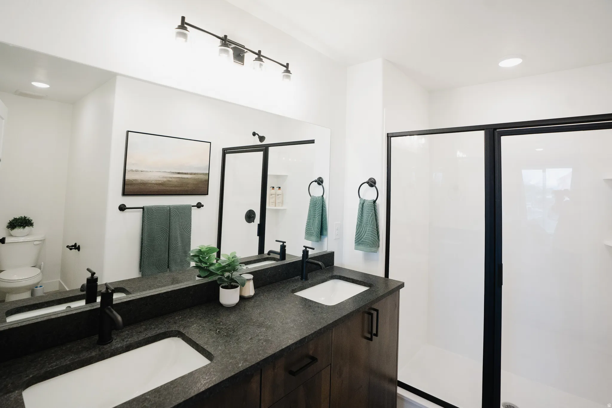 Bathroom featuring a dual vanity with undermount sinks, a dark stone-finish countertop, and dark wood-finish cabinetry