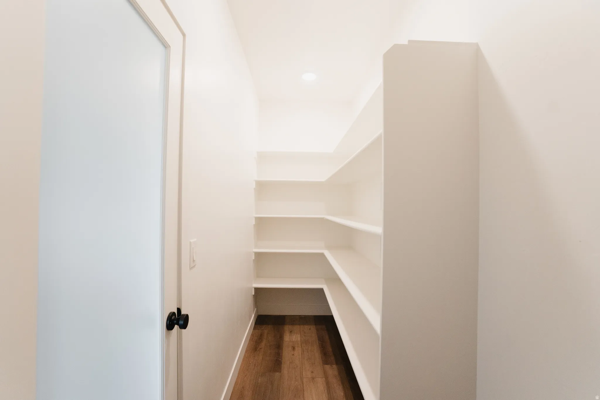 Walk-in storage area featuring multiple built-in shelving units, wood-finish flooring, and recessed lighting