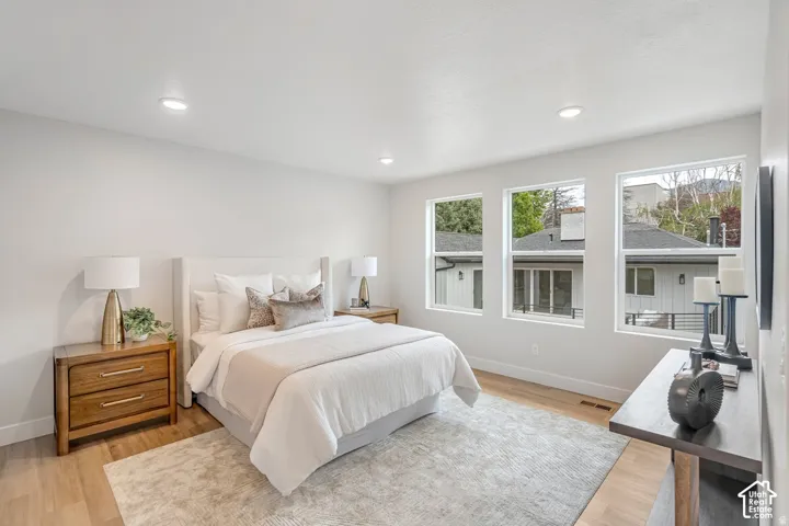 Bright room with light wood-finish flooring