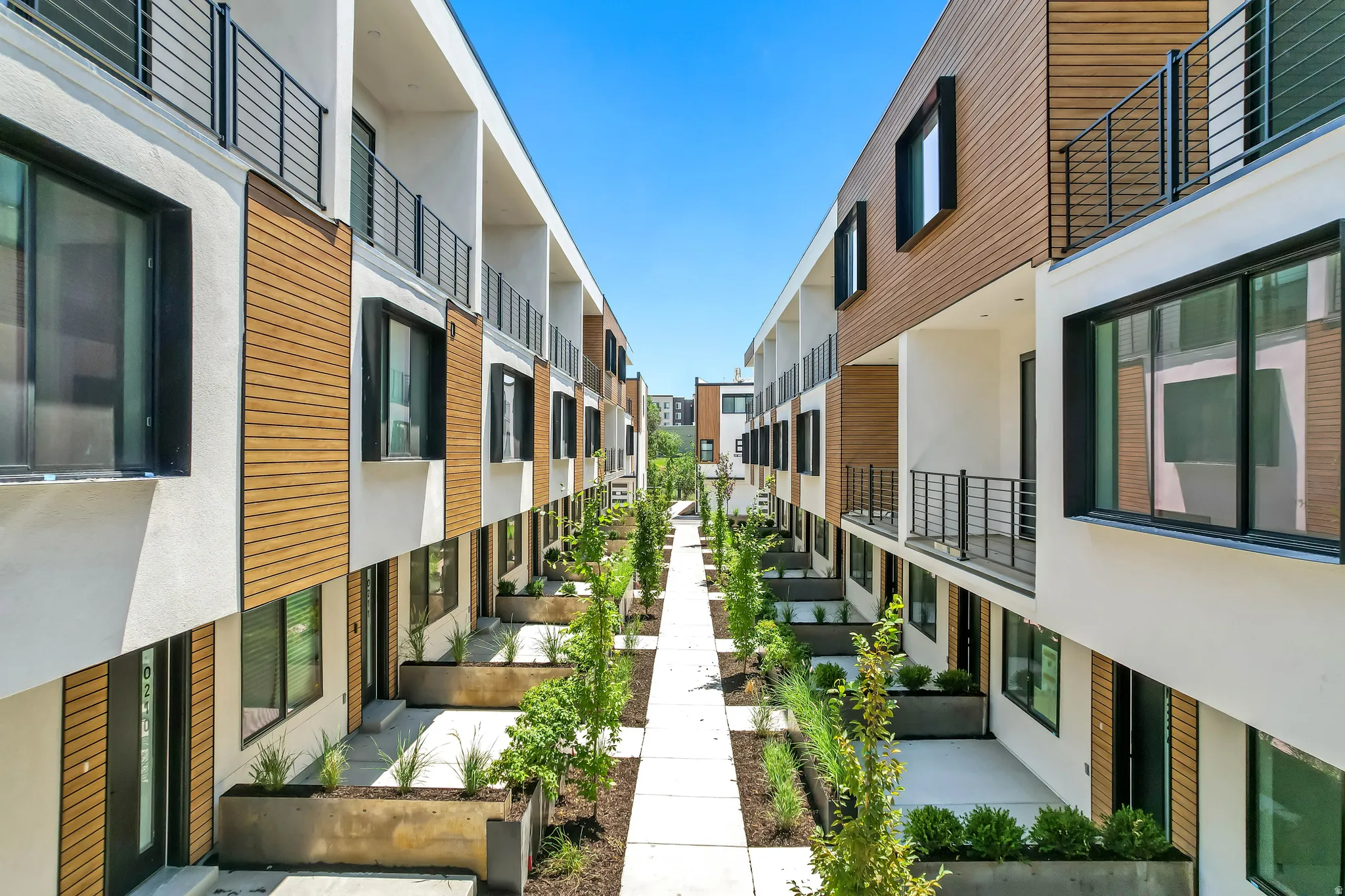 Contemporary townhomes featuring a central pedestrian walkway