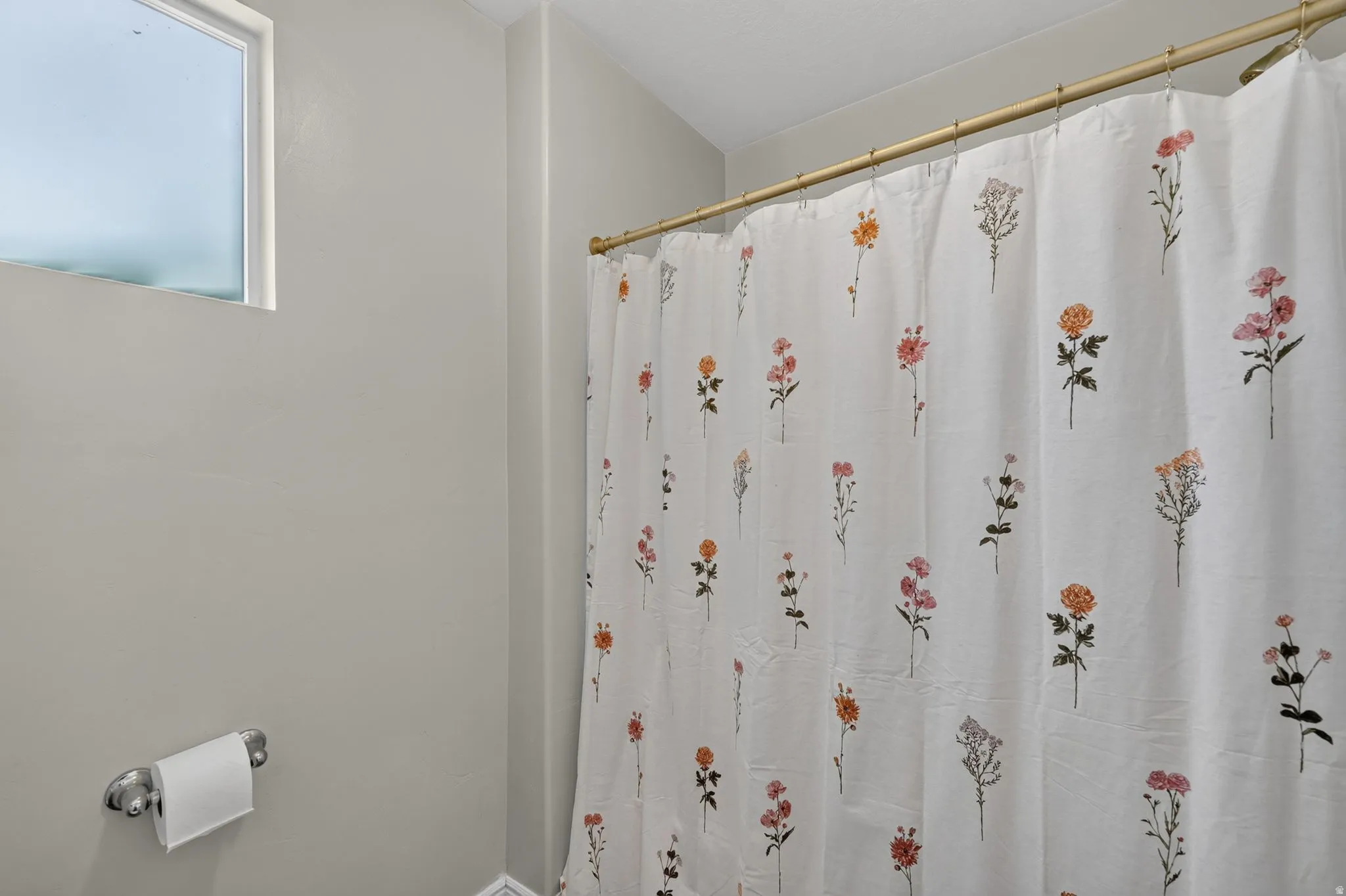 Bathroom featuring light gray walls, a high window with privacy glass, and a chrome toilet paper holder