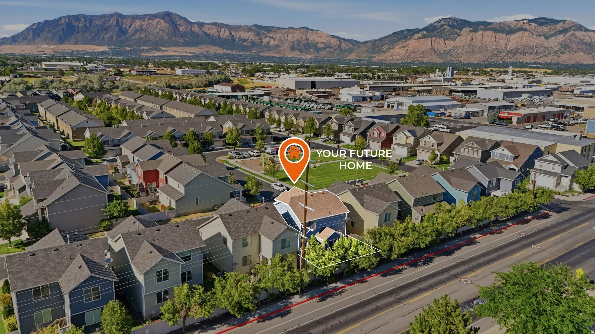 Aerial depiction of a residential neighborhood featuring rows of detached and attached homes