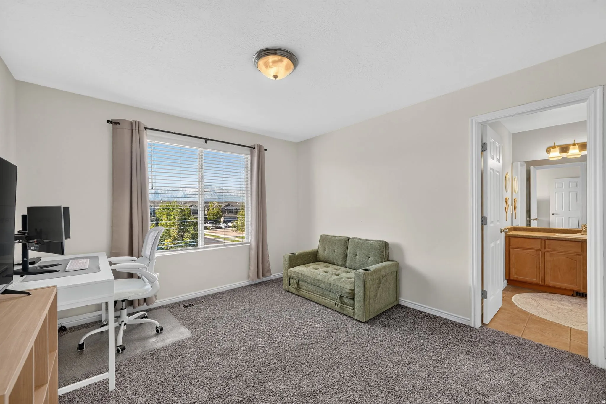 Room with neutral wall paint, gray carpet flooring, and a ceiling-mounted light fixture