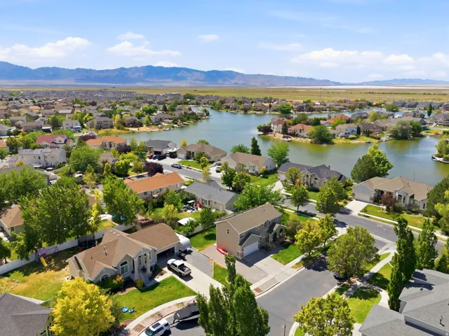 Residential community featuring diverse single-family homes, mature trees, and a prominent lake