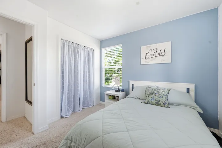 Bedroom featuring carpet flooring, a window with blinds, and a closet with sheer curtains