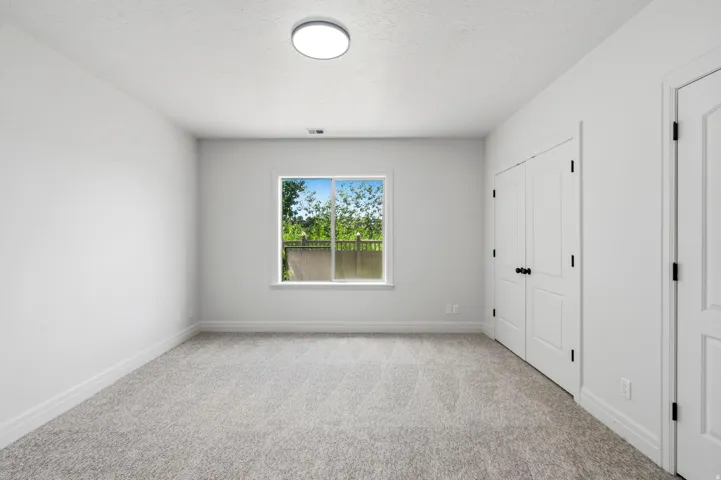 Bright interior room featuring a window with exterior green landscaping, light gray carpet flooring, white painted walls, and white trim throughout