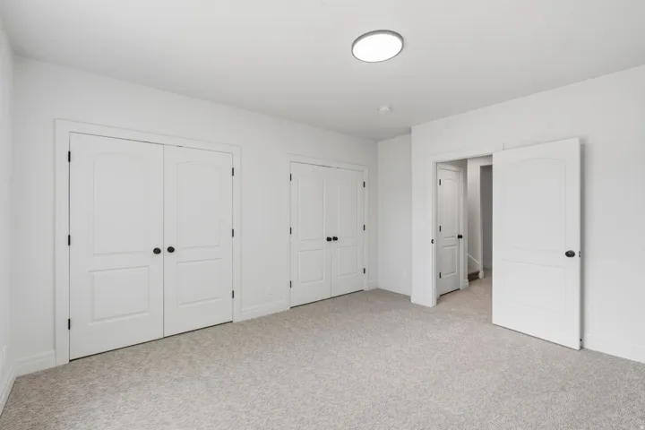 Carpeted room featuring multiple panel doors with black hardware, white baseboards, and a flush-mount ceiling light fixture