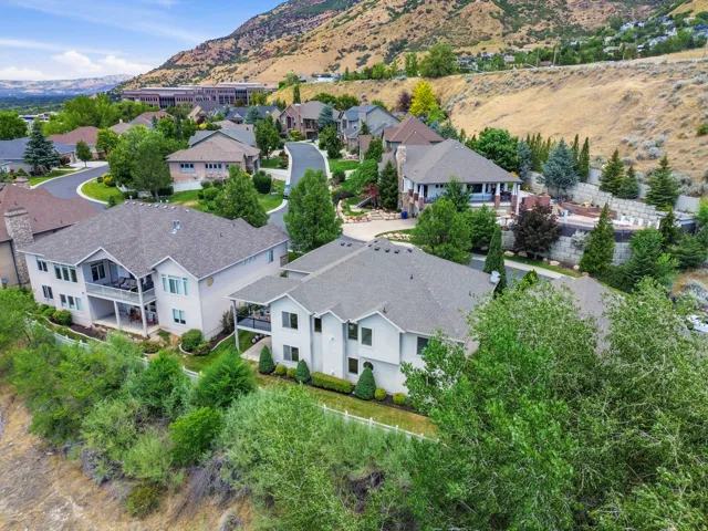 Aerial perspective of a residential street with multiple properties and a distant mountain backdrop