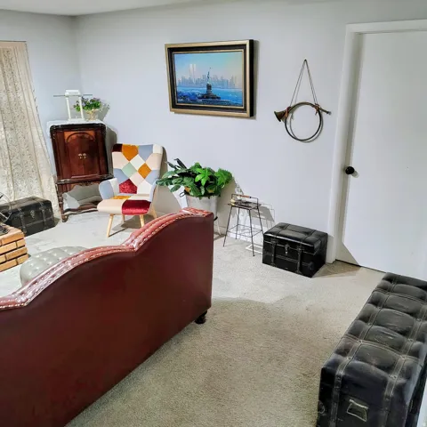 Light-colored carpet flooring throughout the interior space, featuring white walls and a white door with a black knob