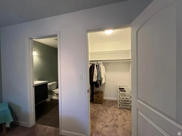 Walk-in closet with built-in shelving and hanging rod