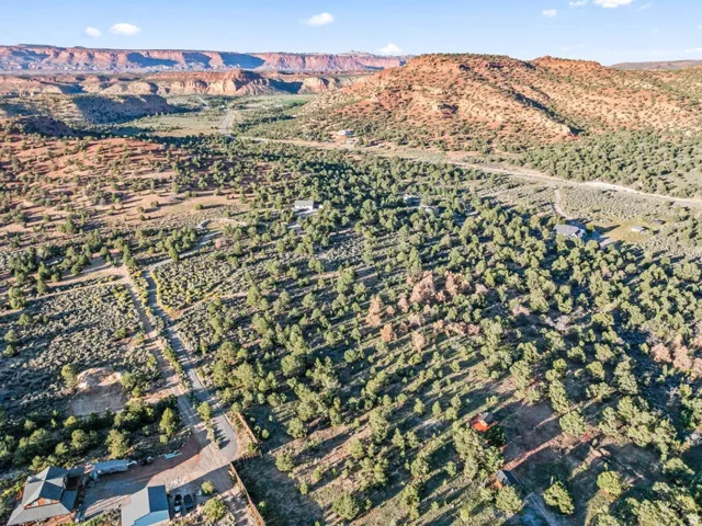 Expansive property featuring varied terrain, a winding unpaved road, mature trees, and distant natural rock formations