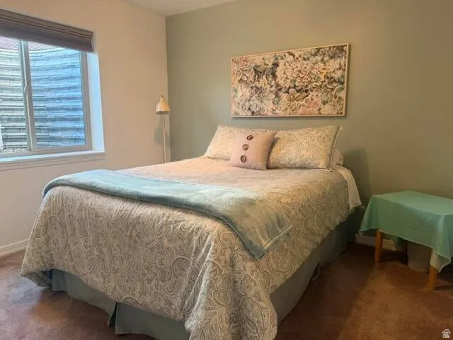 Carpeted room with a window featuring horizontal blinds