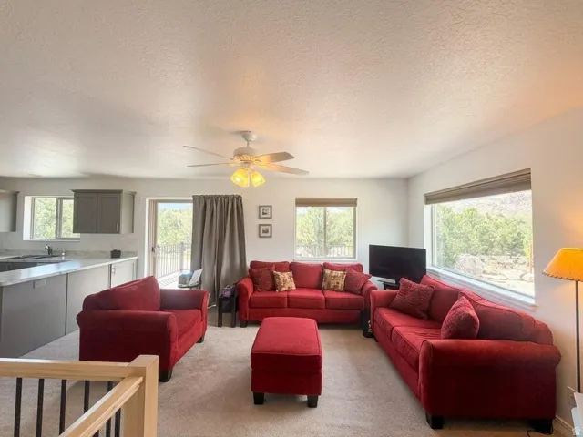 Open concept living space featuring neutral-toned carpeting, a ceiling fan, and multiple windows