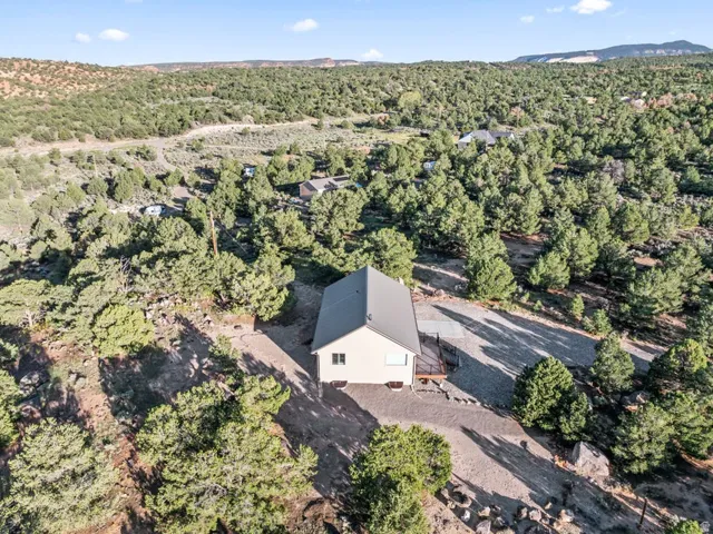 Gabled roofline, light-toned exterior, elevated deck, gravel driveway, surrounding mature trees