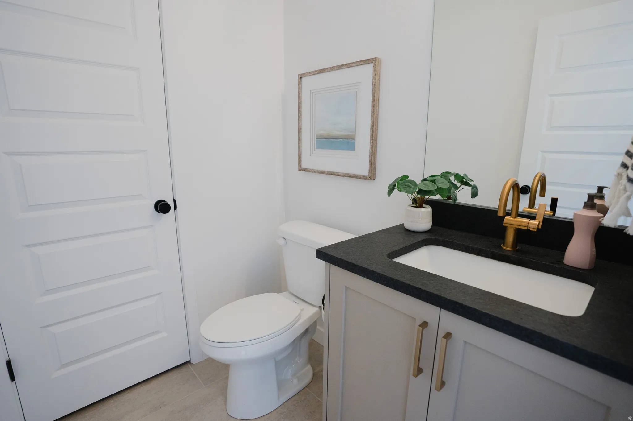 White five-panel interior door with matte black hardware, complementing a toilet with a matching white finish