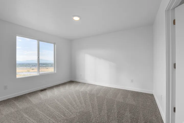 Neutral interior space featuring light gray carpet, white walls, white baseboards, and a recessed ceiling light