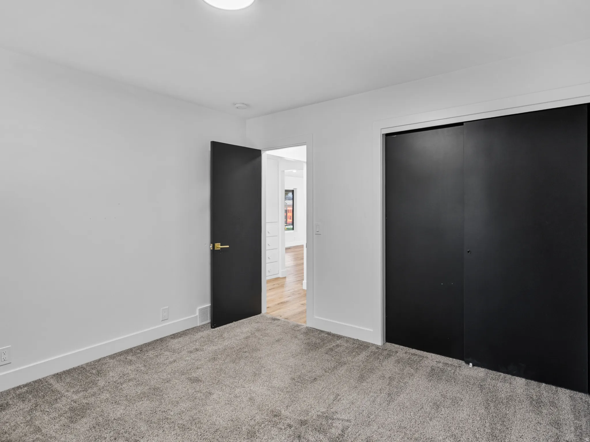 Carpeted room featuring a matte black interior door with brass hardware, contrasting white walls, white baseboards, and a flush-mount ceiling light