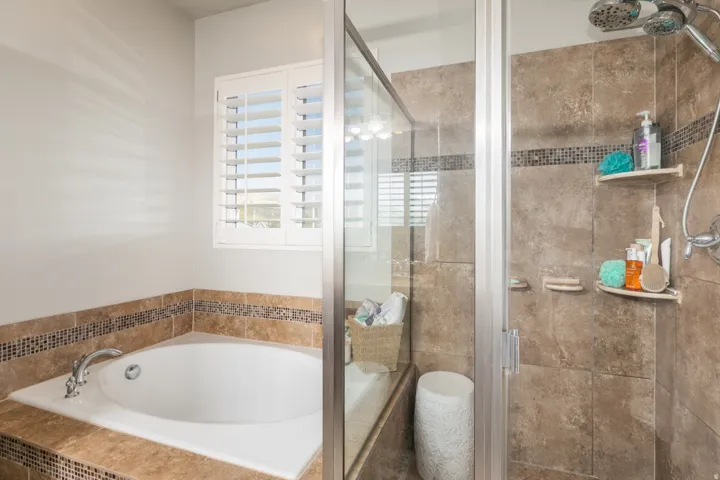 Soaking tub and glass-enclosed shower featuring a dual showerhead