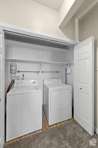 Dedicated laundry closet featuring a built-in shelf, hanging rod, and wood-finish flooring