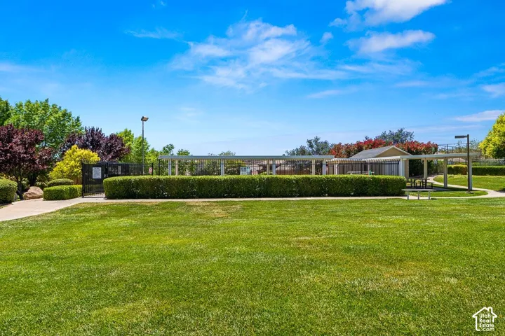 Expansive green lawn area featuring manicured hedges, mature landscaping, and a paved pathway
