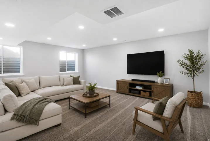 Recessed lighting, light gray wall color, multiple windows, built-in television console, and patterned carpeting