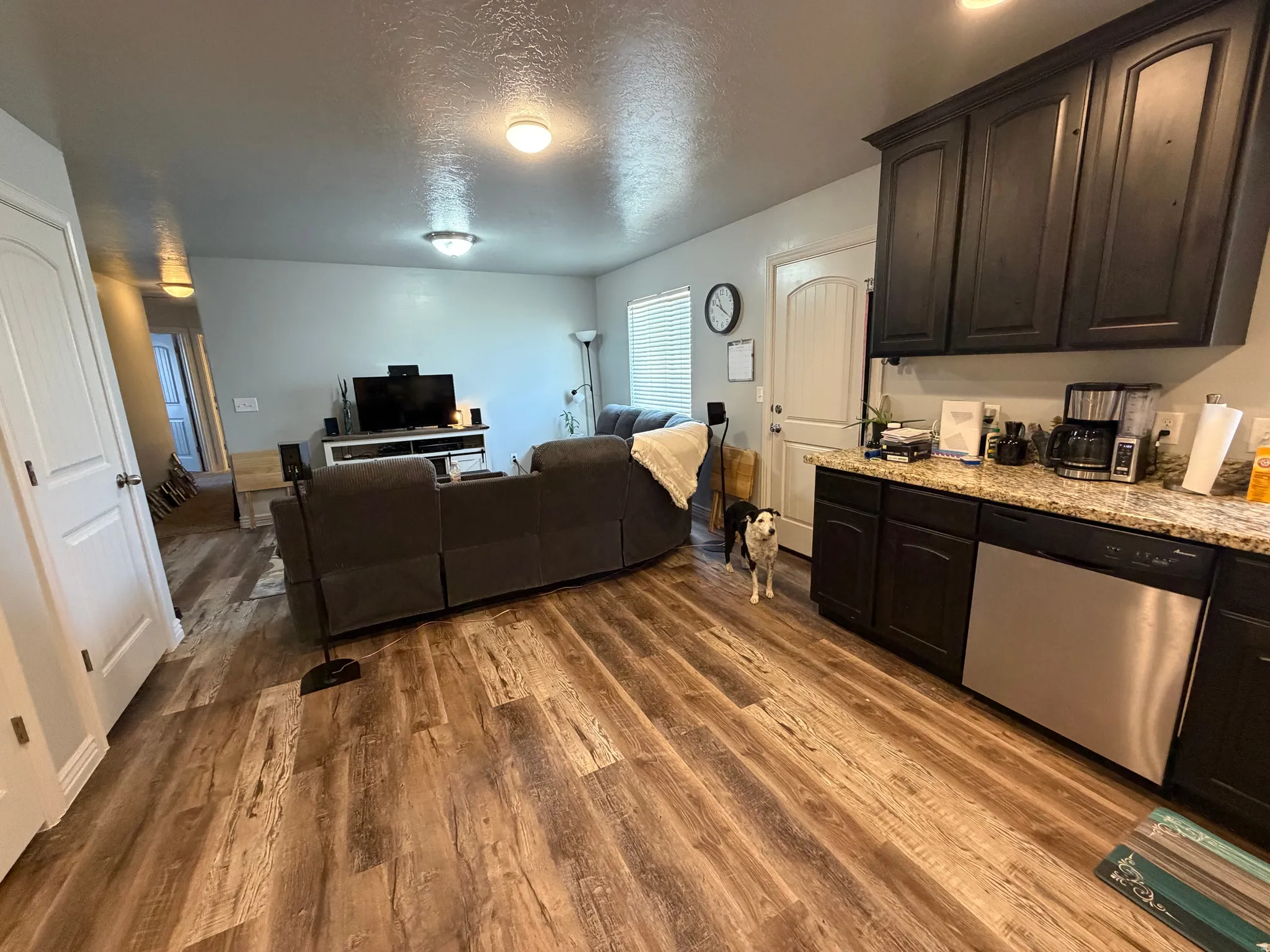 Open-concept living area featuring wood-finish flooring
