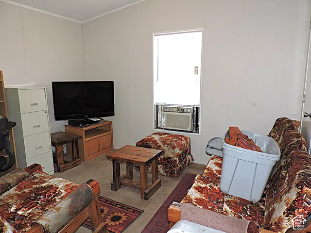Interior space featuring light-colored wall panels and a window-mounted air conditioning unit