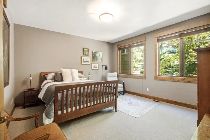 Spacious room featuring neutral painted walls, two large windows with natural wood trim, plush carpeting, and a ceiling-mounted light fixture
