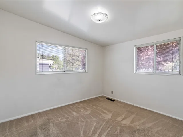 Neutral-toned carpeting paired with white walls, featuring two windows with horizontal blinds