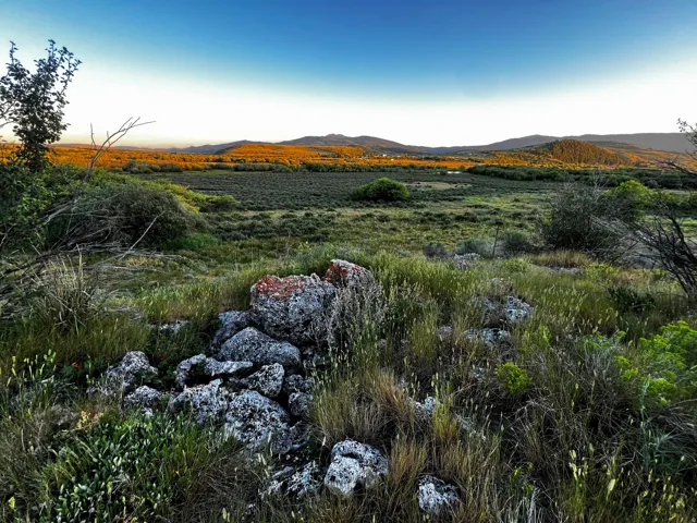 Expansive natural landscape featuring rolling hills and distant mountains