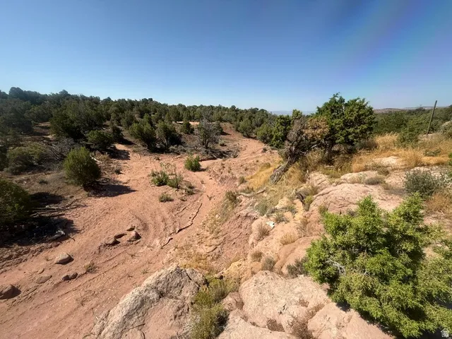 Expansive natural landscape featuring a dry creek bed and varied terrain