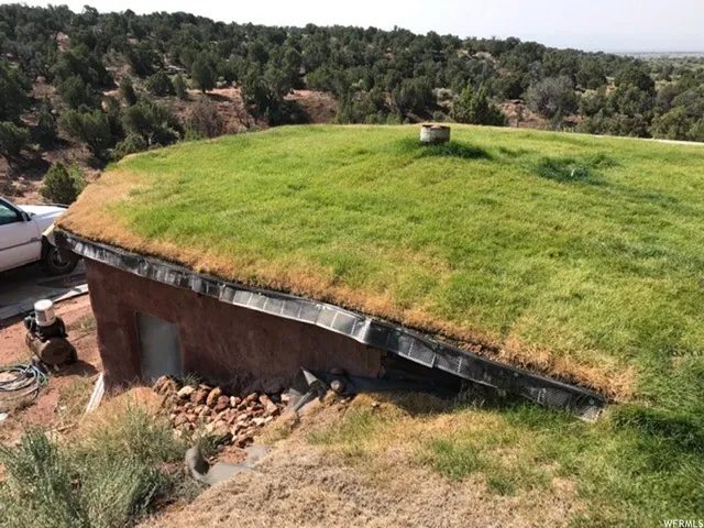 Distinctive property featuring a verdant green roof and natural hillside integration