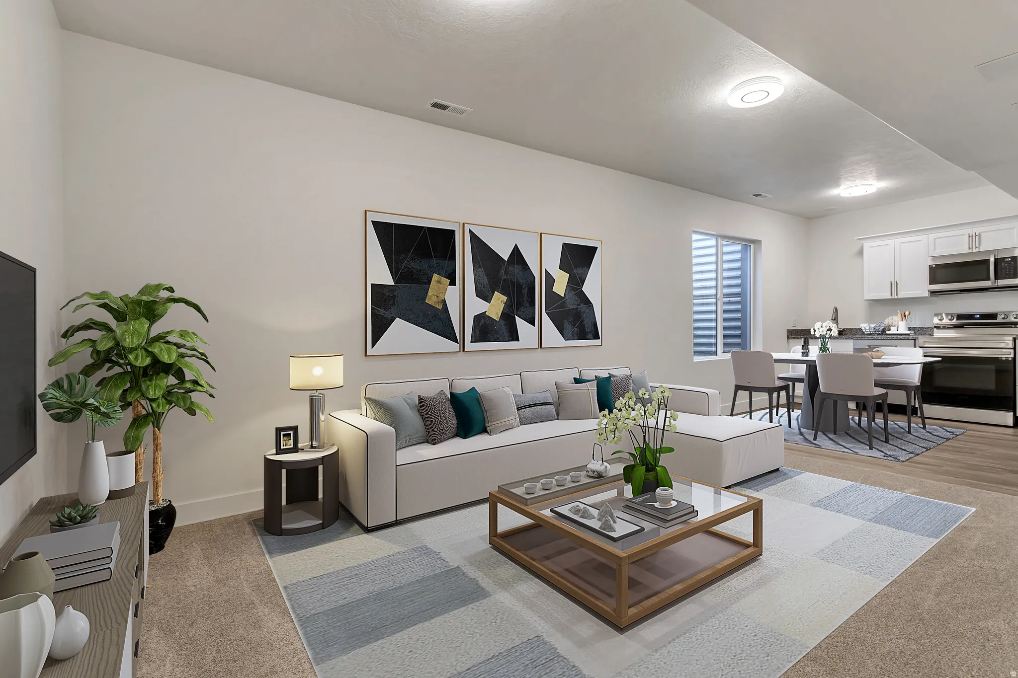 Open-concept living space with recessed lighting and neutral-toned walls