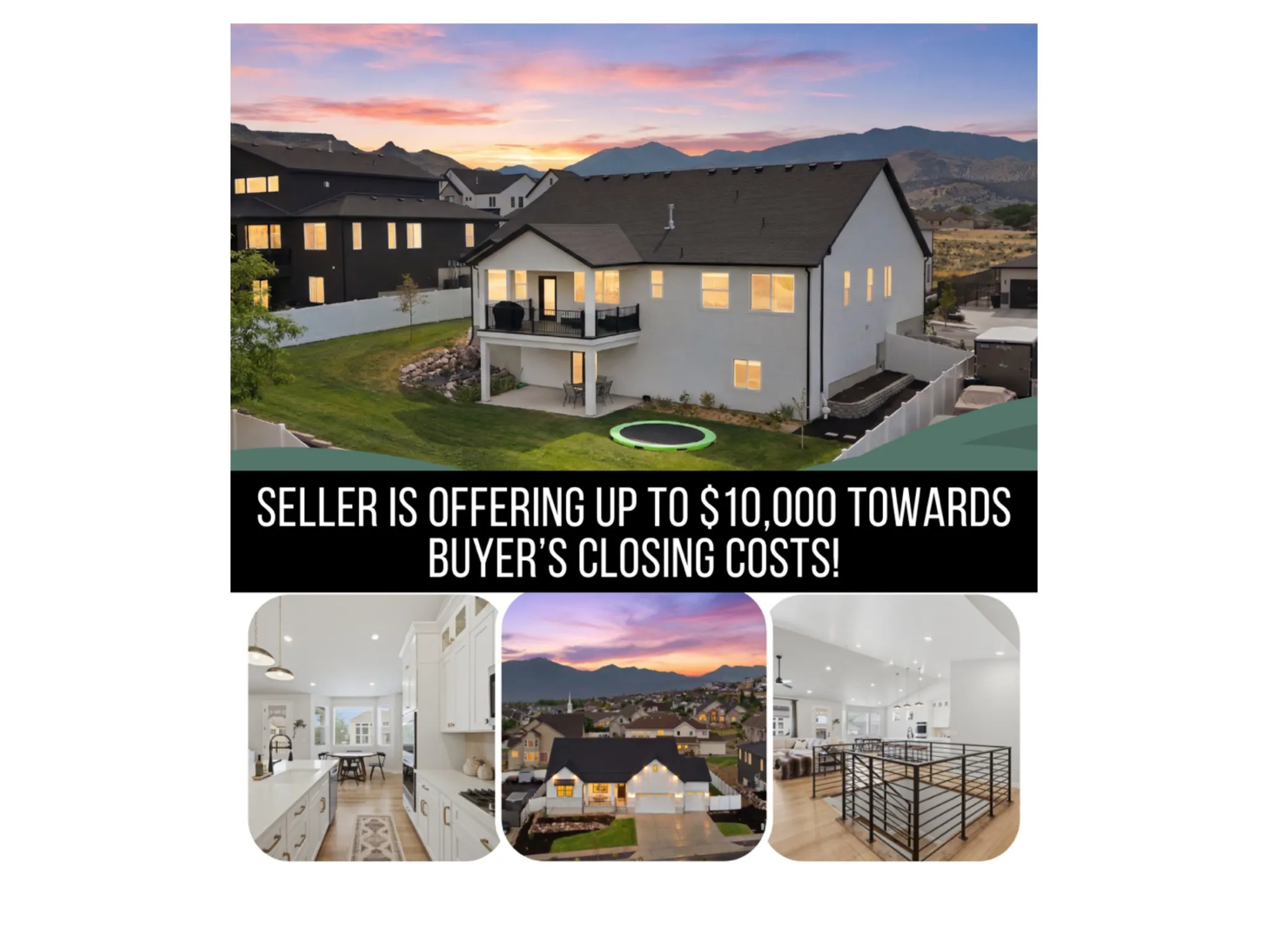 Real Estate Marketing Advertisement. Highlighting a financial incentive for the property's acquisition and presenting multiple views of the structure and its interior spaces