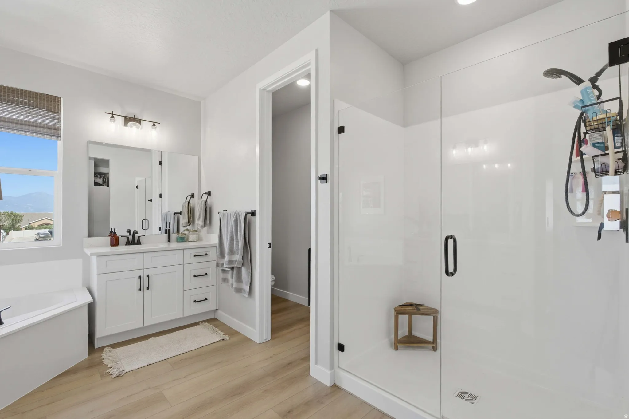 Ensuite bathroom featuring a spacious glass-enclosed shower, a separate soaking tub, and a single vanity with white cabinetry