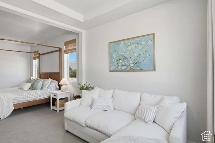Primary Bedroom featuring a white upholstered sectional, tray ceiling, and a distinct alcove with two windows