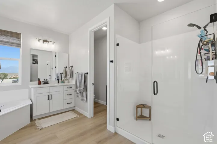 Ensuite bathroom featuring a spacious glass-enclosed shower, a separate soaking tub, and a single vanity with white cabinetry