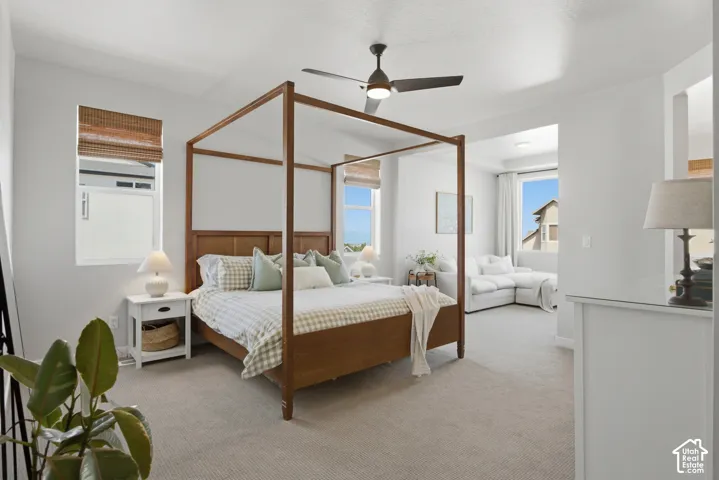 Expansive bedroom featuring light gray carpeting, a ceiling fan, and multiple windows with natural light
