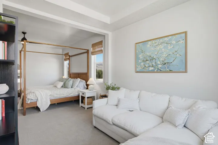 Primary Bedroom featuring light-colored carpeting and a tray ceiling
