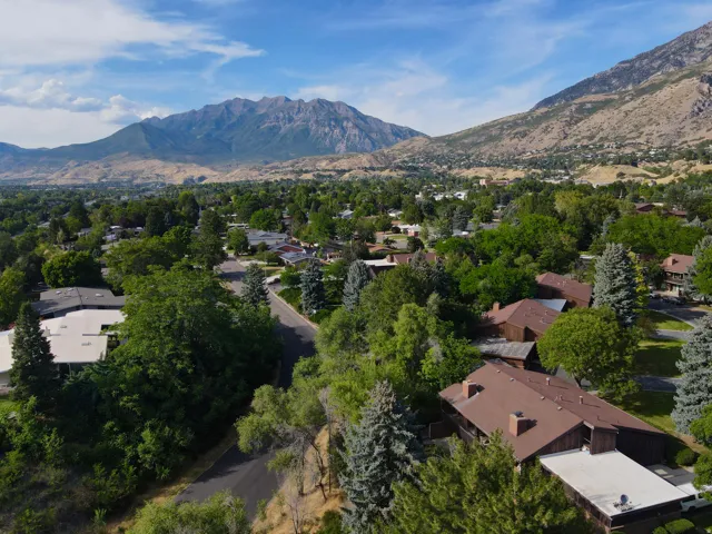 Expansive residential area featuring a diverse collection of architectural styles, mature trees, and mountainous terrain