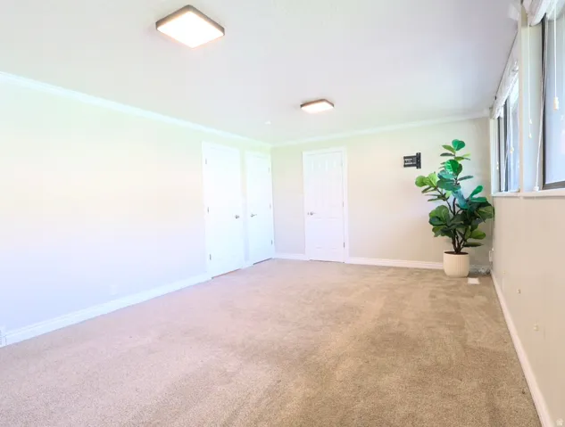 Spacious room featuring neutral carpeting, light-colored walls, white baseboards, crown molding, and recessed lighting