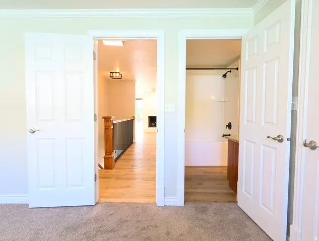 Light beige carpeted flooring transitions to wood-finish flooring