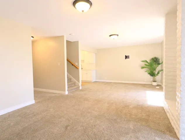 Spacious room featuring carpeting, light-toned walls, and a white baseboard trim