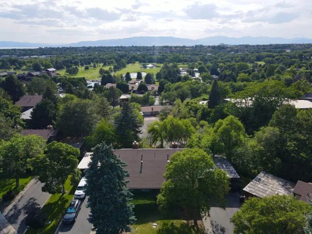 Expansive neighborhood featuring abundant mature trees, residential properties, and a visible golf course