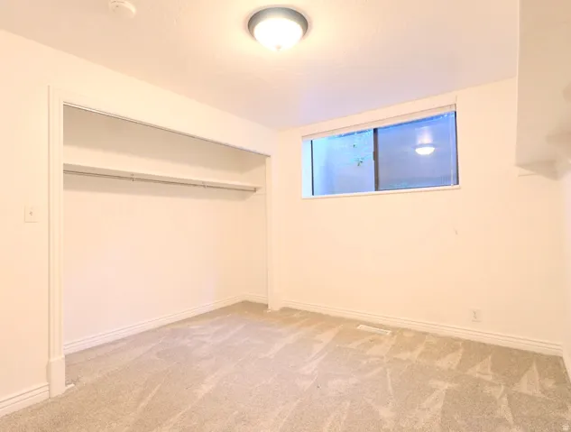 Room featuring light-toned carpet flooring, a built-in closet with shelving and hanging rods, a single window, white walls, and a flush-mount ceiling light fixture