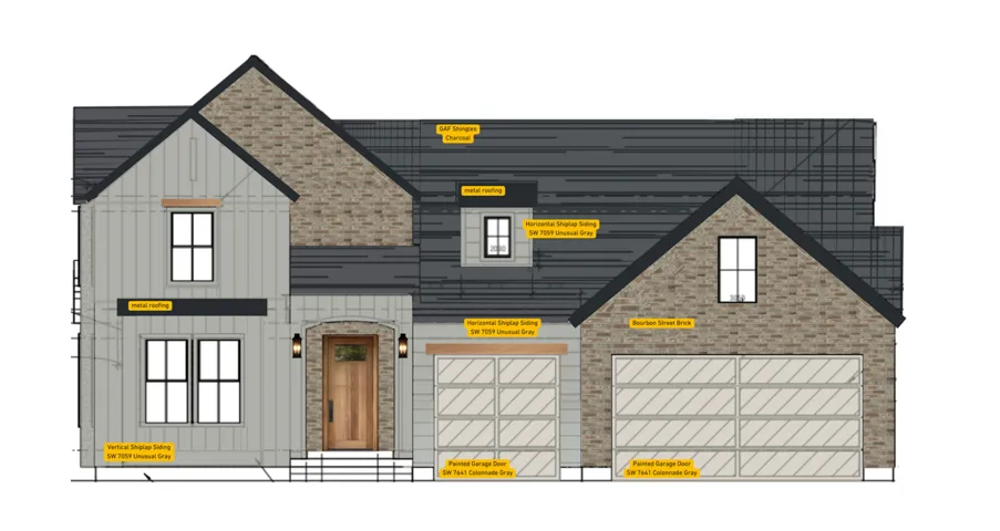 Architectural Drawing. Illustrating exterior material specifications and finishes for the property